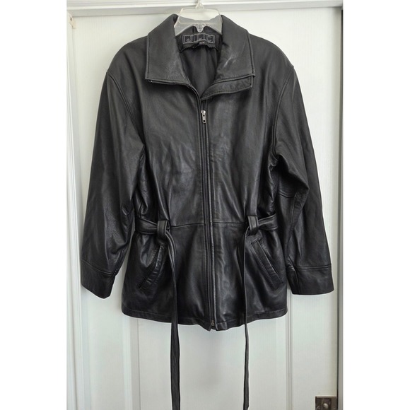 JLC Black Leather Mid Length Jacket Belted Zip Up Sz M Vintage Biker Edgy - Picture 1 of 7